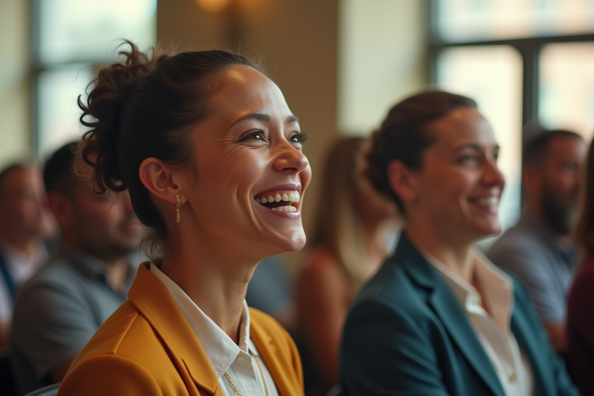 Femme souriante parlant lors d un evenement communautaire