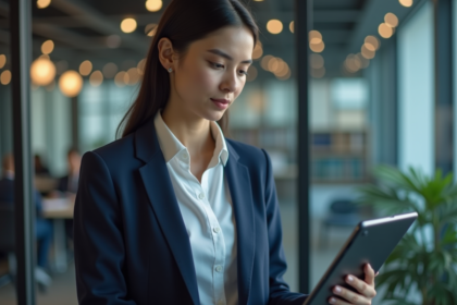 Femme en blazer bleu examine un tableau blockchain sur tablette