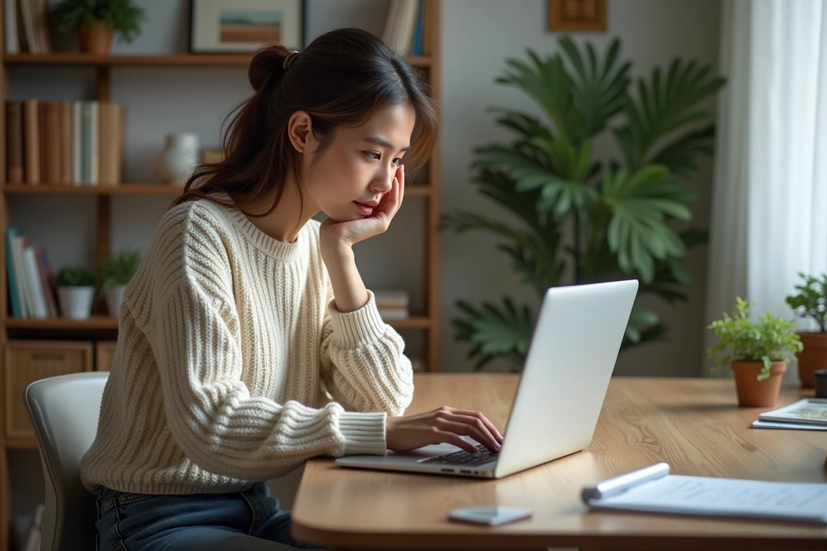 Jeune femme pensant devant son ordinateur à la maison
