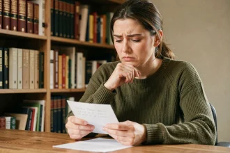 Femme concentrée relisant une note manuscrite à son bureau, illustrant la confusion orthographique autour de 'tu m'envois'