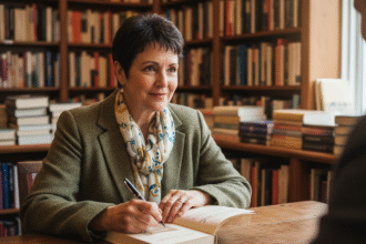 Femme signant un livre dans une librairie chaleureuse