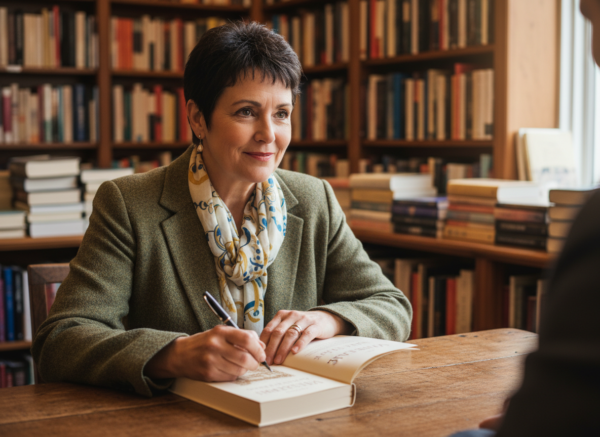 Femme signant un livre dans une librairie chaleureuse
