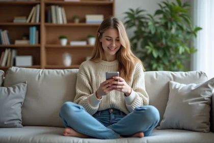 Jeune femme assise sur un canapé en train de regarder son smartphone