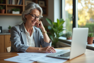 Femme souriante en intérieur examinant documents immobiliers