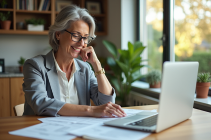 Femme souriante en intérieur examinant documents immobiliers