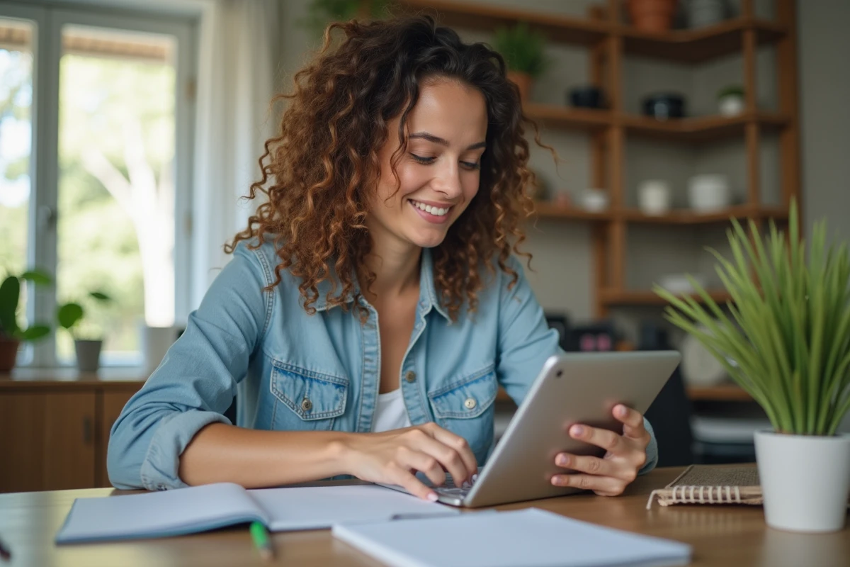 Femme souriante utilisant une tablette dans un intérieur calme