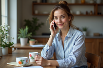 Femme assise à une table de cuisine à Paris avec téléphone