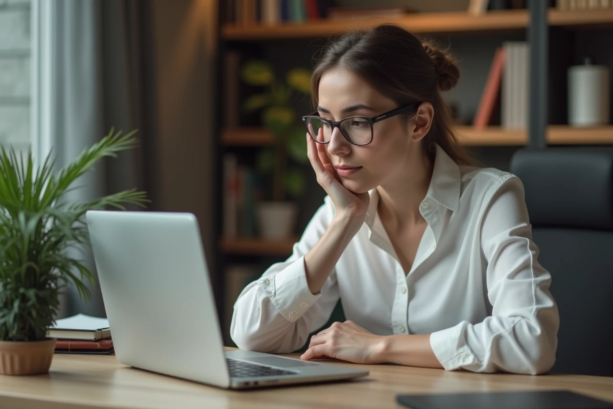 Femme concentrée sur texte de confidentialité sur son ordinateur