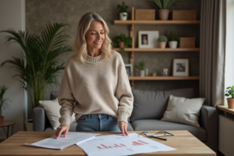 Femme d'âge moyen examine un rapport immobilier dans son salon