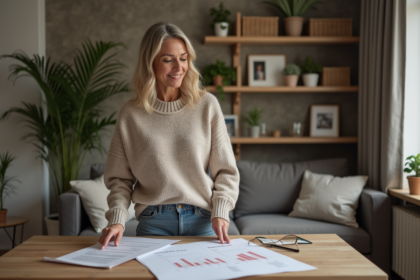 Femme d'âge moyen examine un rapport immobilier dans son salon