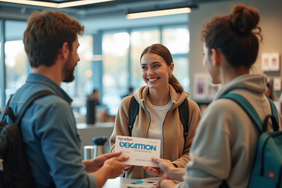 Jeune femme souriante donnant un bon de vacances au caissier dans un magasin Decathlon