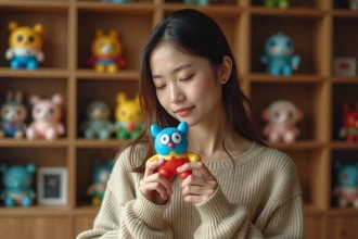 Jeune femme examinant de près une figurine Labubu pour vérifier son authenticité