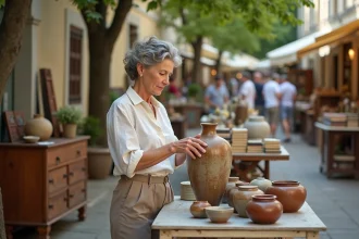 Femme examinant un vase vintage lors d'un vide-grenier en plein air dans un village de l'Yonne, entourée d'objets anciens et de mobilier rétro