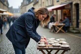 Femme en imper et jeans au videgrenier en Orne