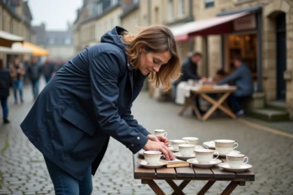 Femme en imper et jeans au videgrenier en Orne