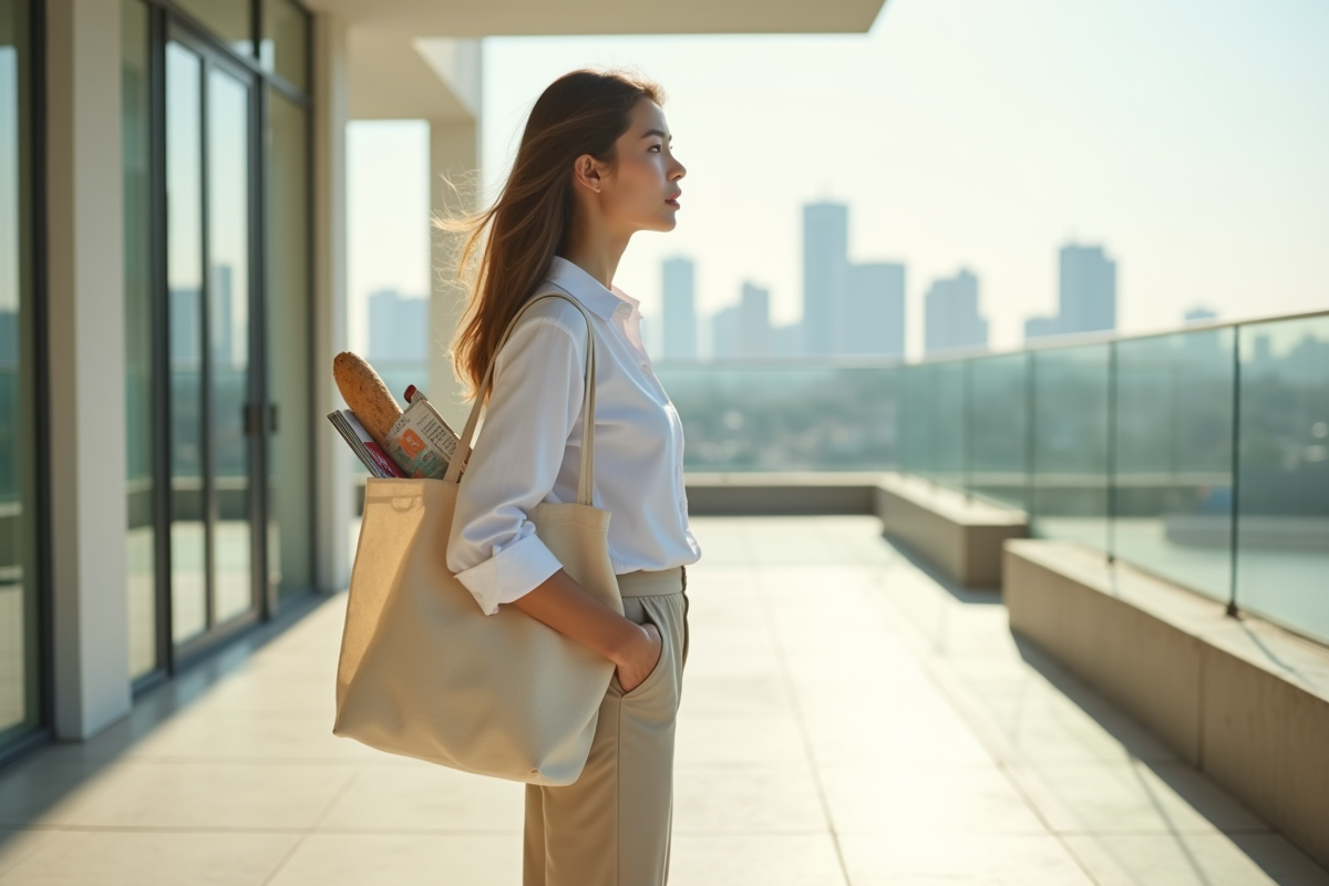Jeune femme avec sac en toile sur un balcon urbain ensoleille