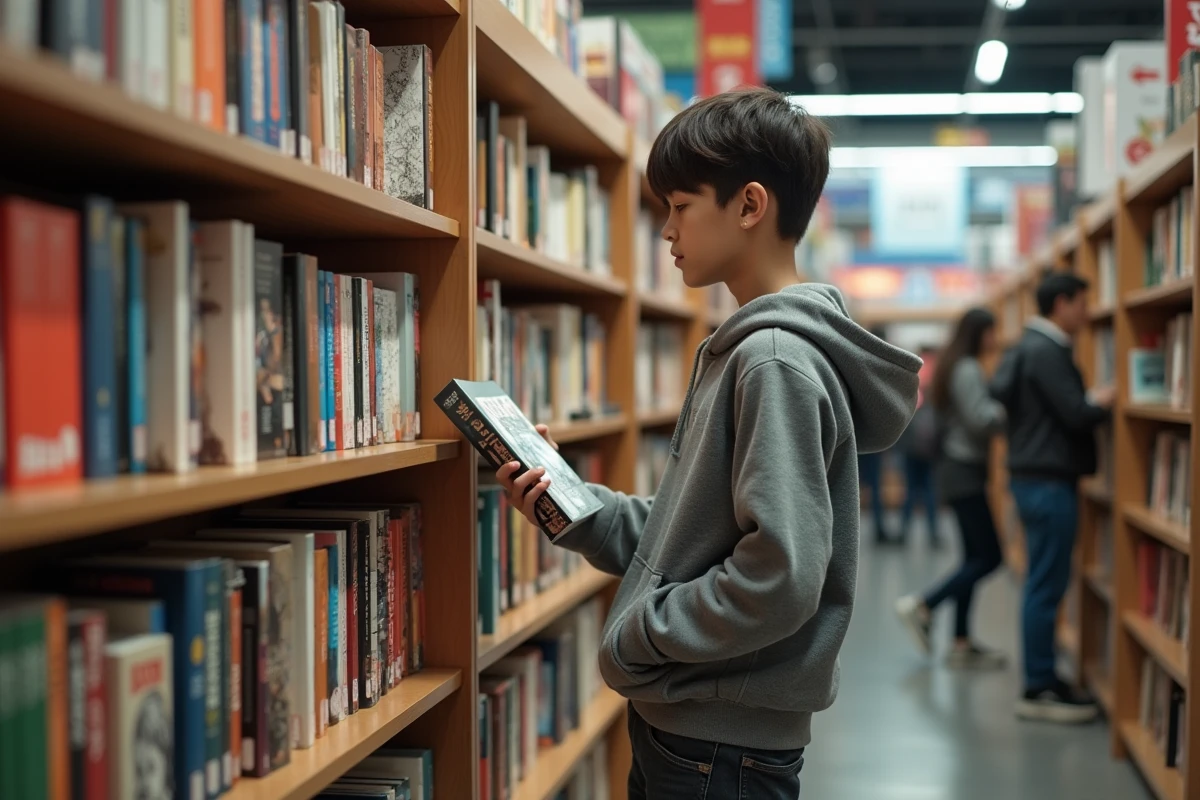 Un adolescent cherchant un manga dans une librairie animée