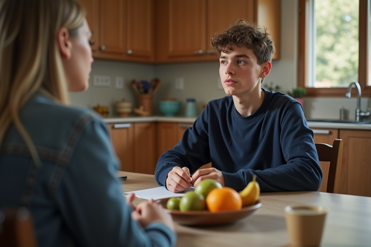 Garçon discutant avec une femme dans une cuisine quotidienne
