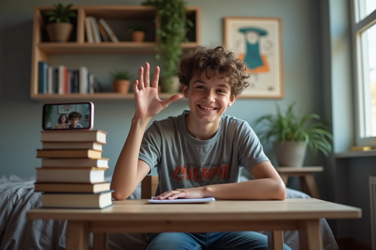 Jeune garçon seul filmant avec son téléphone dans sa chambre
