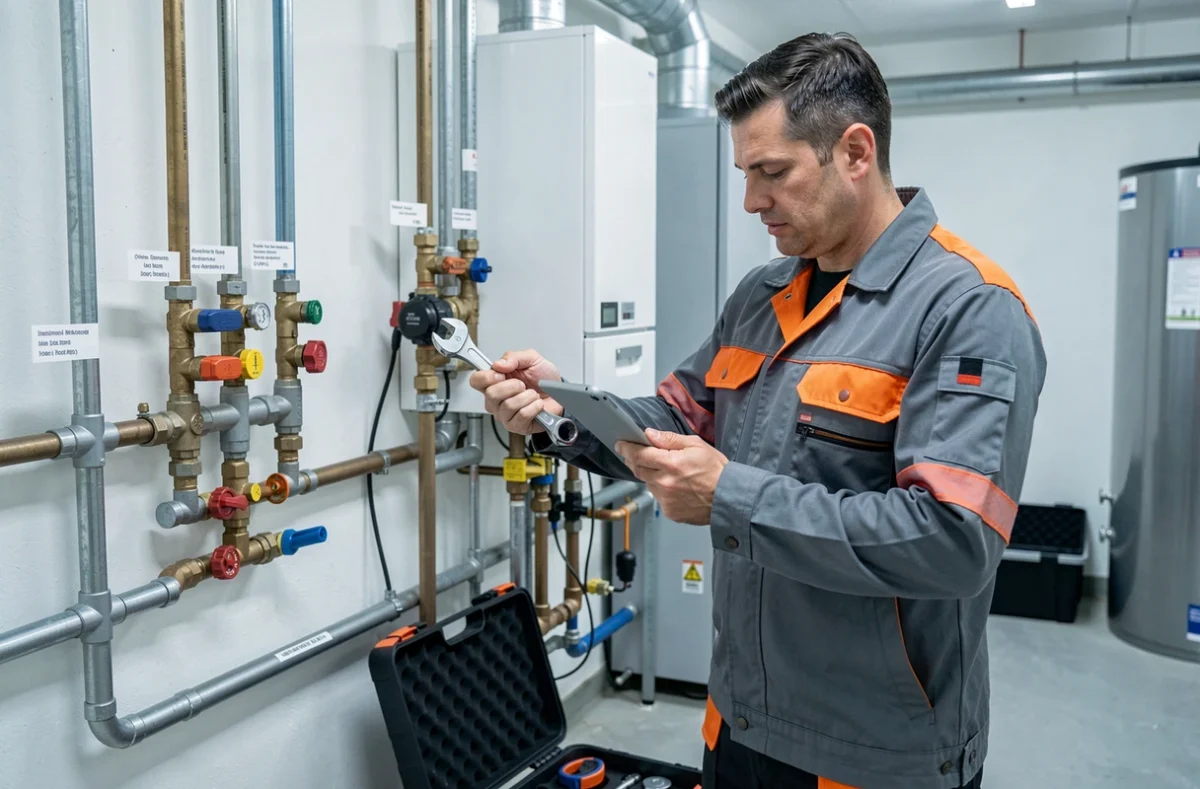 Technicien Gedeon Services CVC inspectant une chaudière moderne dans une chaufferie propre et bien entretenue