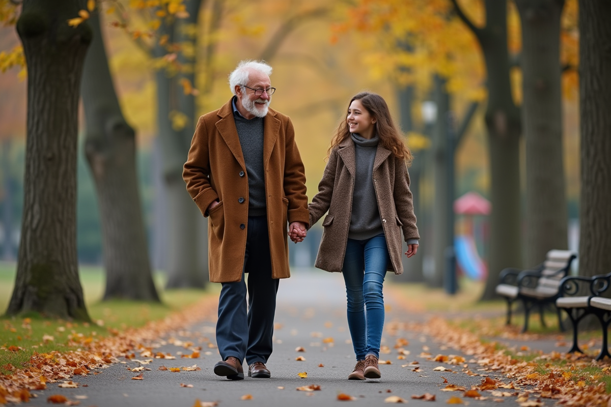 Grand-pere et fille se promenant dans un parc en automne