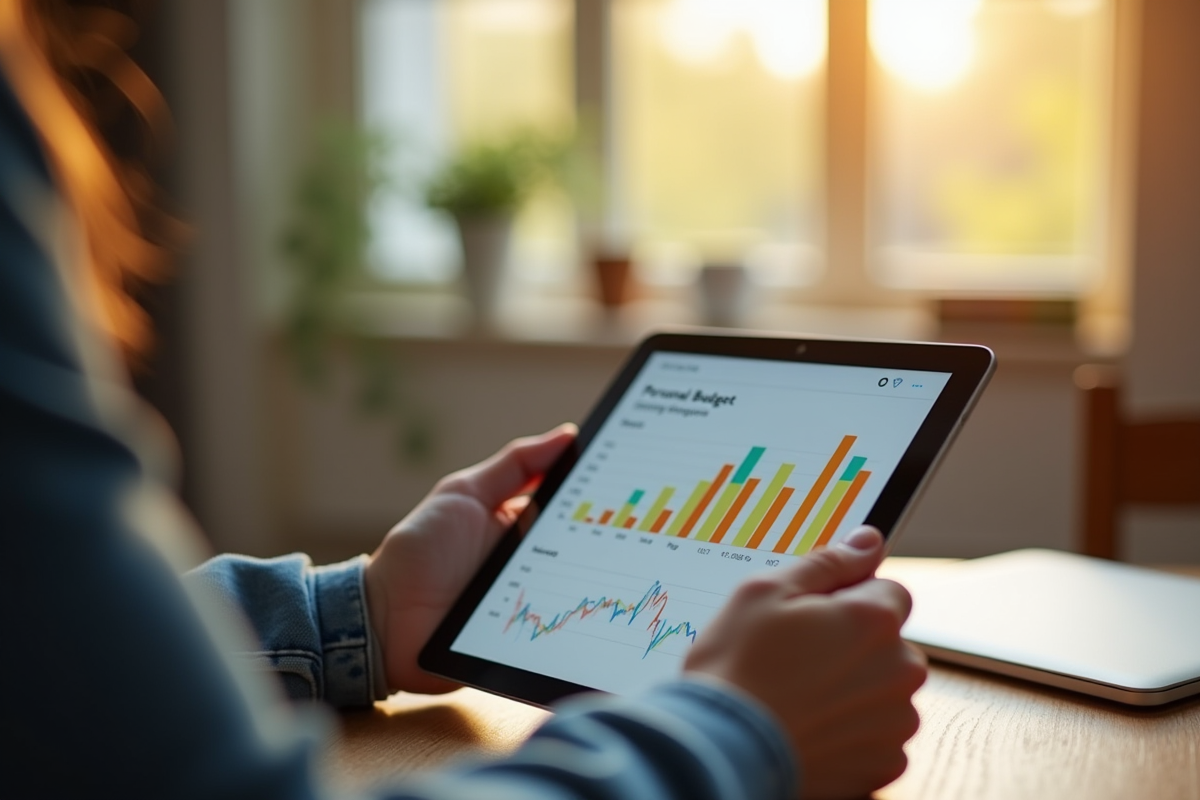 Gros plan sur un tableau de budget personnel sur tablette avec intérieur cosy