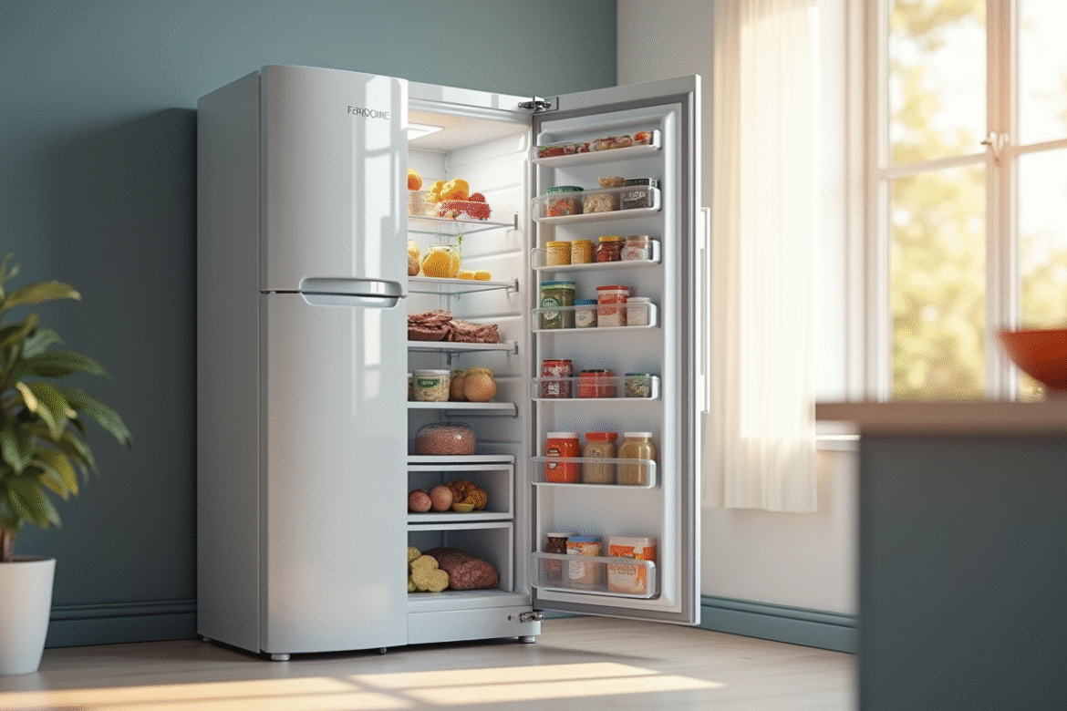 Congélateur moderne ouvert dans une cuisine lumineuse