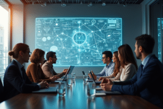 Groupe de personnes autour d'une table analysant un diagramme stratégique