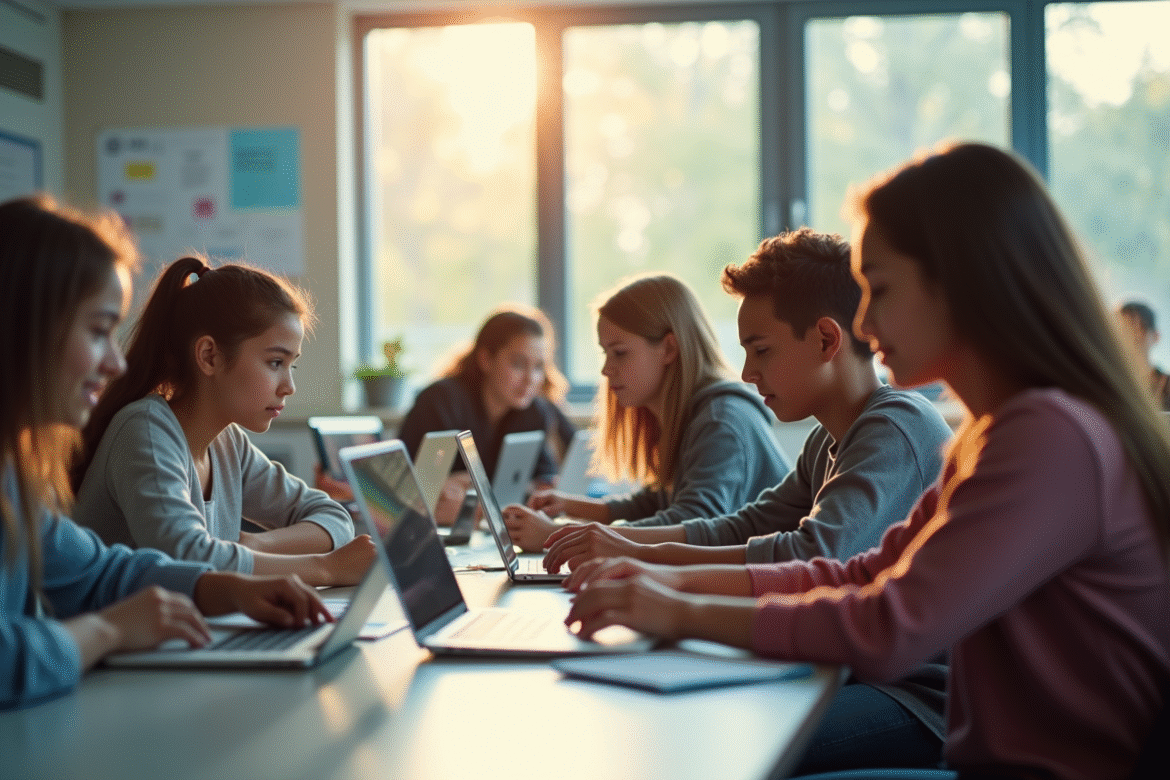 Groupe d'élèves au lycée travaillant sur ordinateurs dans une classe lumineuse