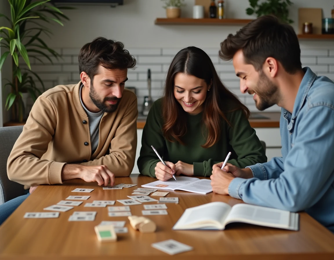 Groupe d'adultes débutants jouant ensemble à un jeu de type escape room en boîte autour d'une table avec des cartes et un livre de règles