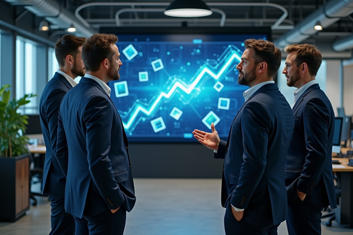 Groupe de professionnels discutant devant un écran blockchain