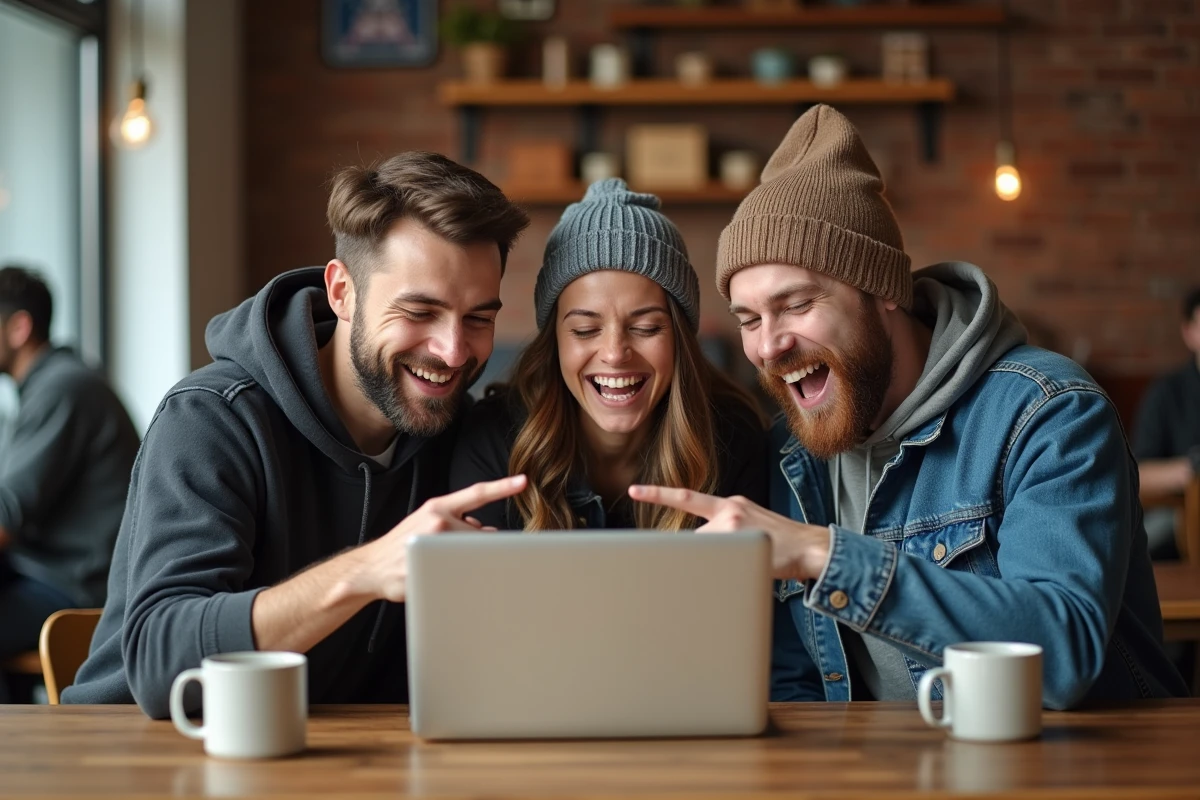 Groupe de jeunes adultes découvrant ensemble des secrets d'archives du forum JVC dans un café urbain