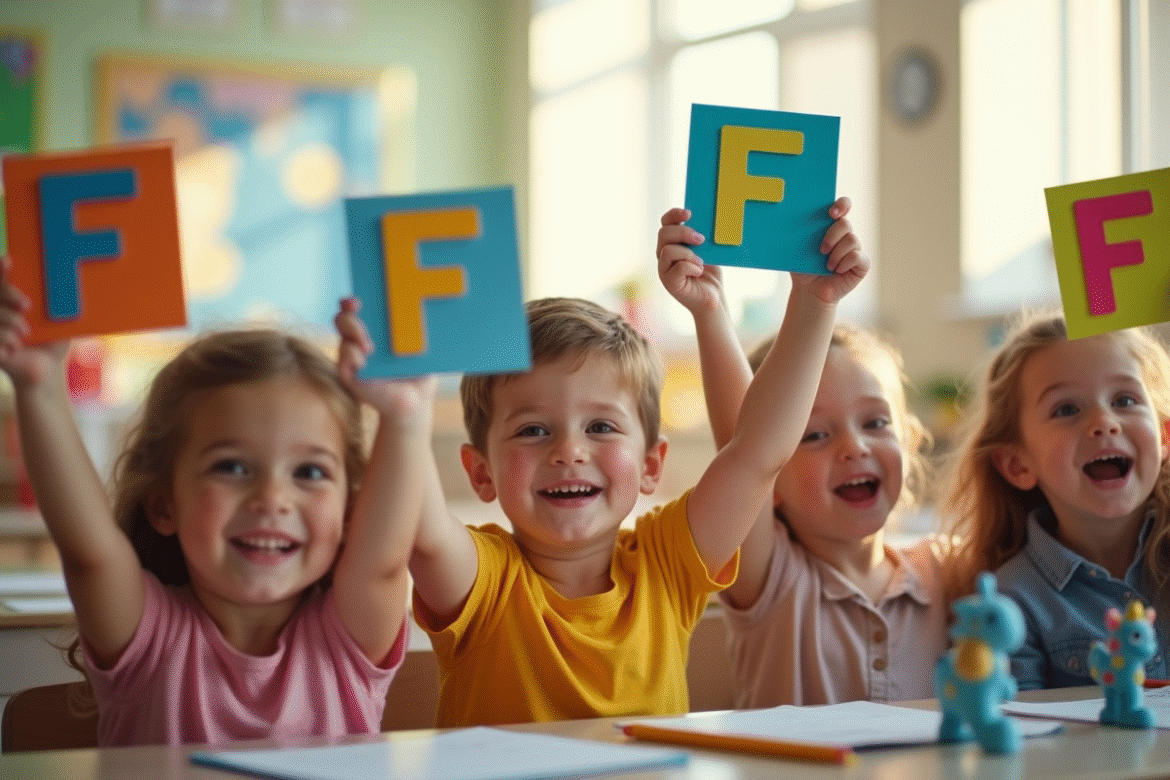 Enfants souriants dans une classe lumineuse avec noms en F