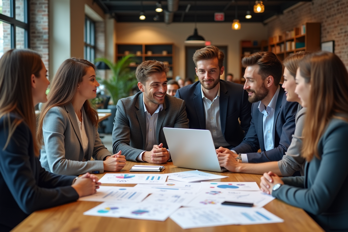 Groupe de professionnels discutant autour de diagrammes blockchain