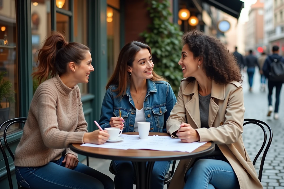 Groupe de personnes discutant autour d'un quiz imprimé dans un café urbain, explorant ensemble les principes de la loi d'attraction et du développement personnel