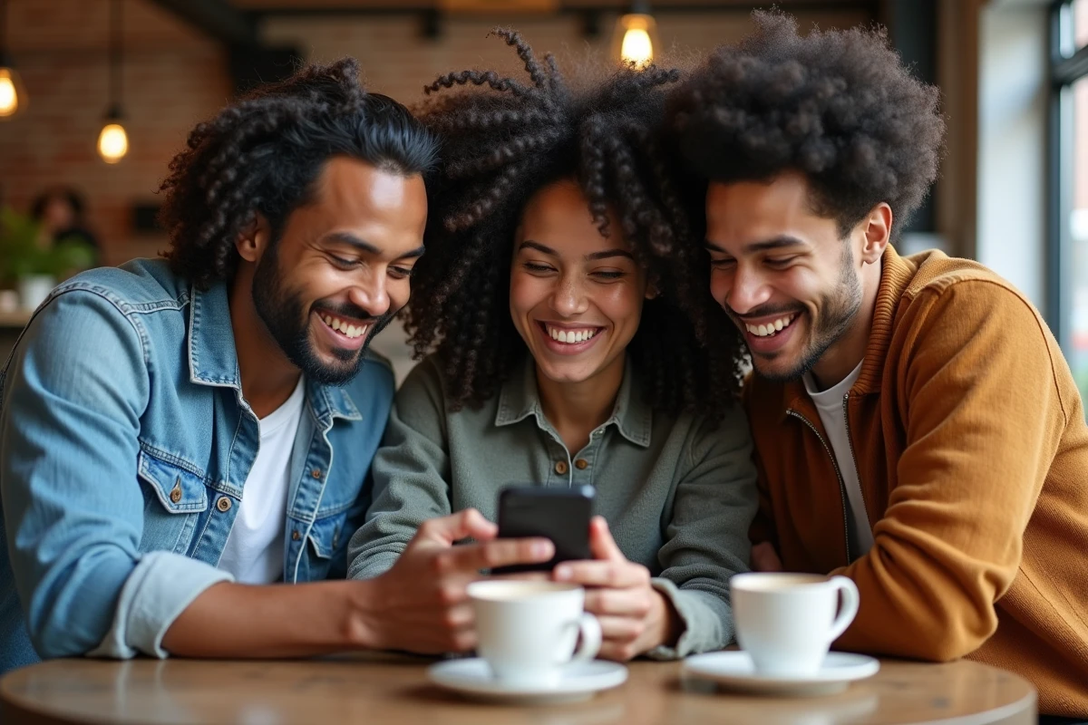 Groupe de jeunes adultes réagissant à un contenu viral et mystérieux sur un smartphone dans un café