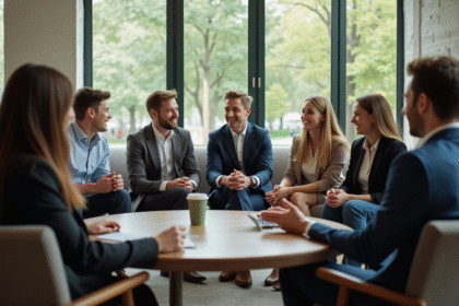 Groupe diversifié en réunion dans un bureau moderne