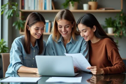 Groupe multiculturel autour d'un ordinateur en réunion