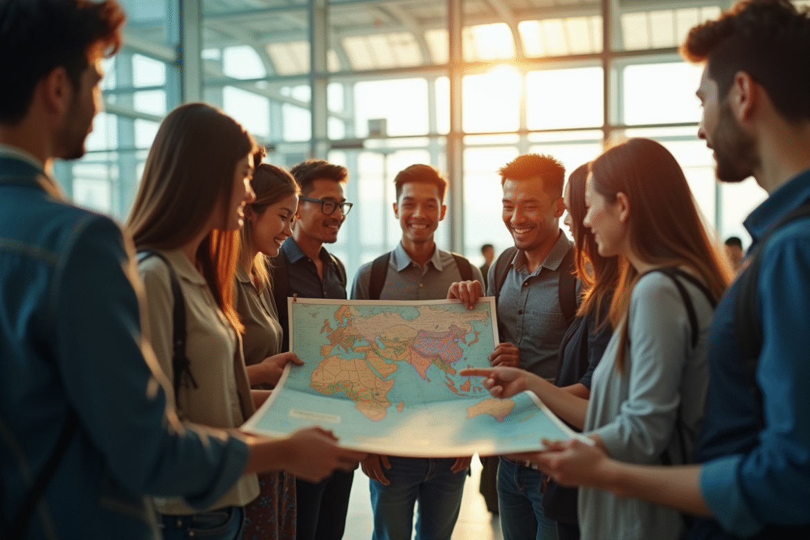 Groupe de voyageurs dans un aéroport asiatique lumineux