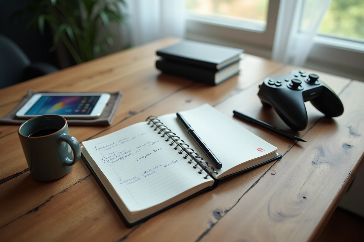 Pose à plat d'une manette, d'un carnet de notes et d'un guide de jeu sur bureau en bois, illustrant la planification du temps de jeu pour Clair Obscur Expedition 33