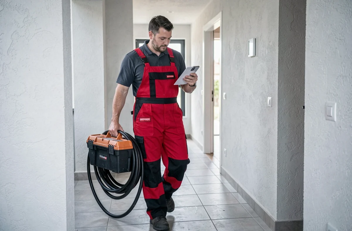 Technicien Hendre Services arrivant chez un client à Avignon avec boîte à outils professionnelle et tuyau flexible