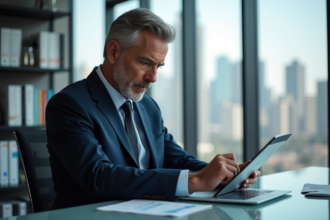 Homme d'affaires en costume analyse des graphiques financiers