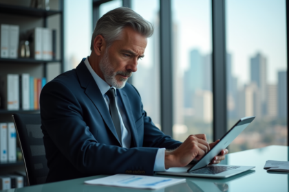 Homme d'affaires en costume analyse des graphiques financiers