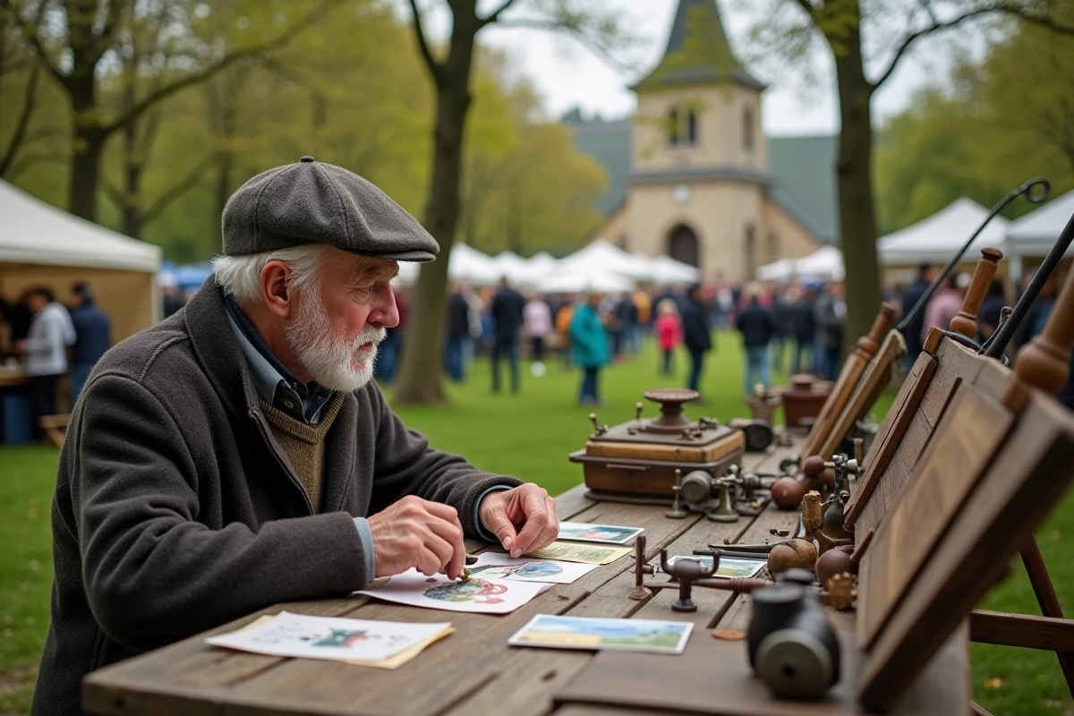 Homme âgé avec outils et cartes au videgrenier