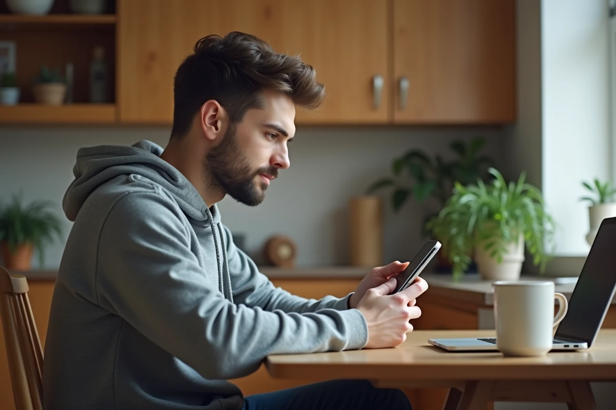 Jeune homme vérifiant ses réglages d