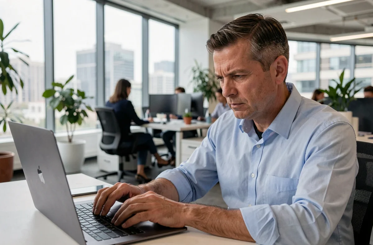 Homme en open-space fixant son écran d'ordinateur avec perplexité, symbolisant les erreurs fréquentes d'orthographe dans les messages numériques