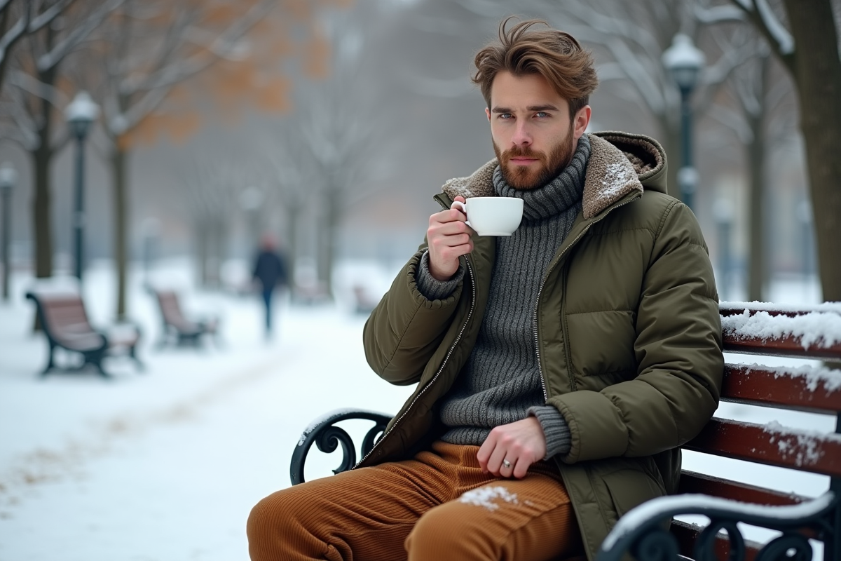 Homme buvant un café dans un parc enneige en hiver