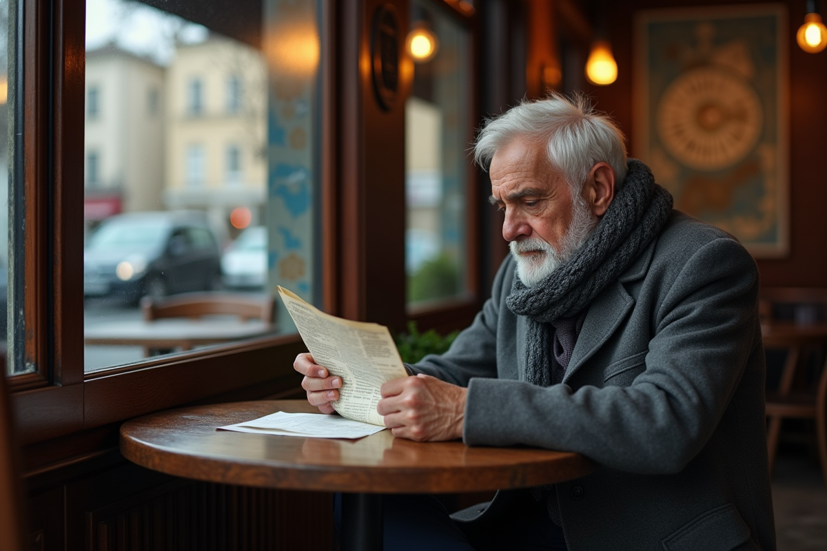 Homme age penseur dans un cafe francais