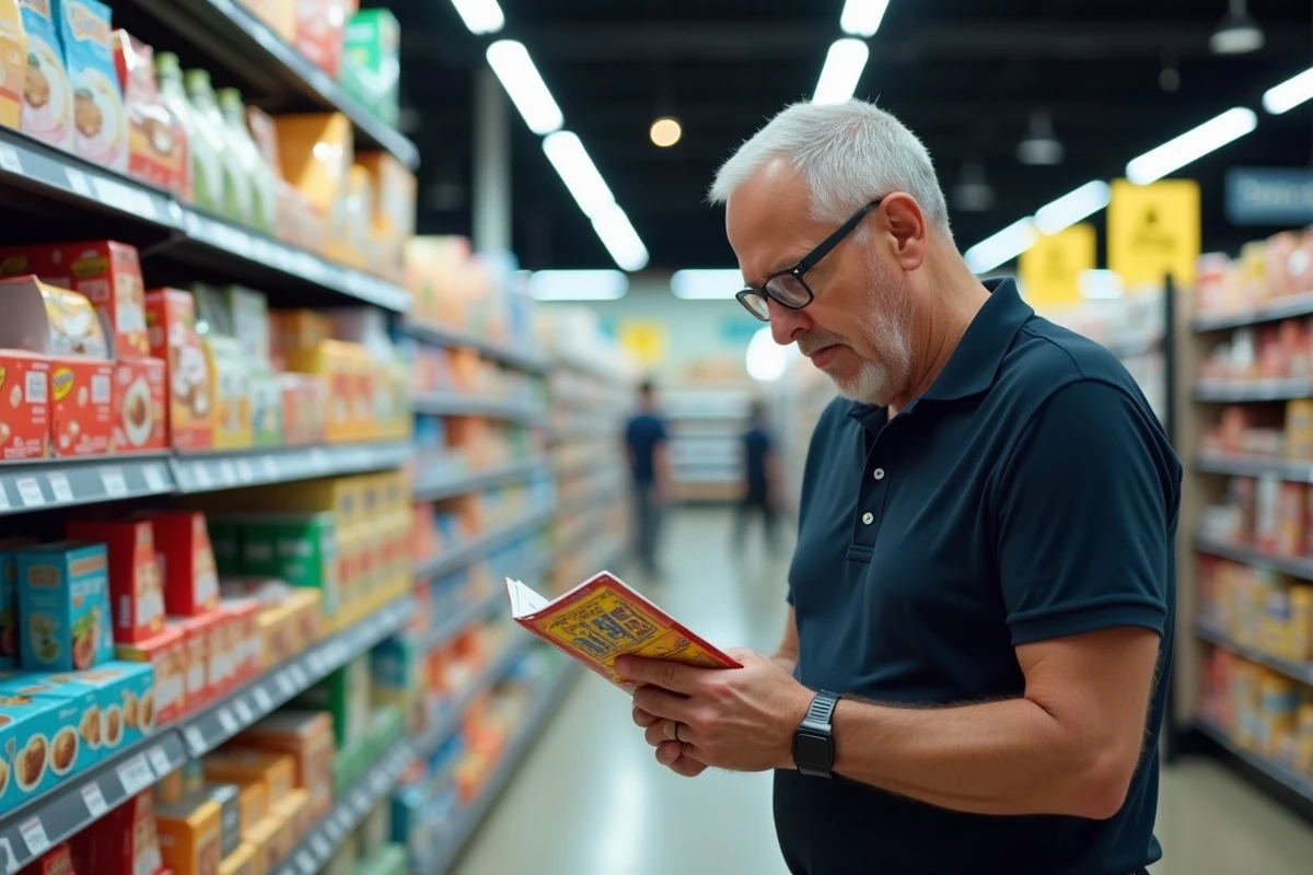 Homme examinant un carnet de vignettes Intermarché devant un présentoir promotionnel en rayon de supermarché