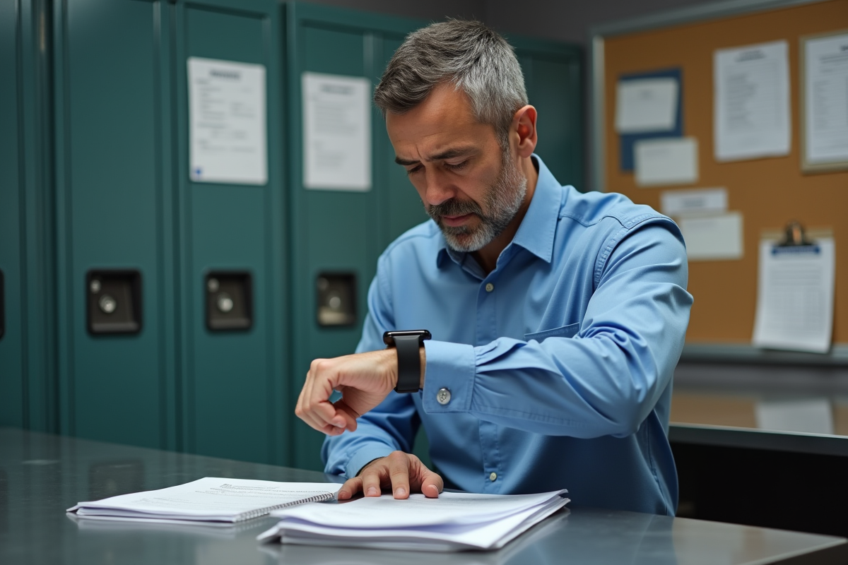 Homme vérifiant sa smartwatch dans une salle de pause industrielle